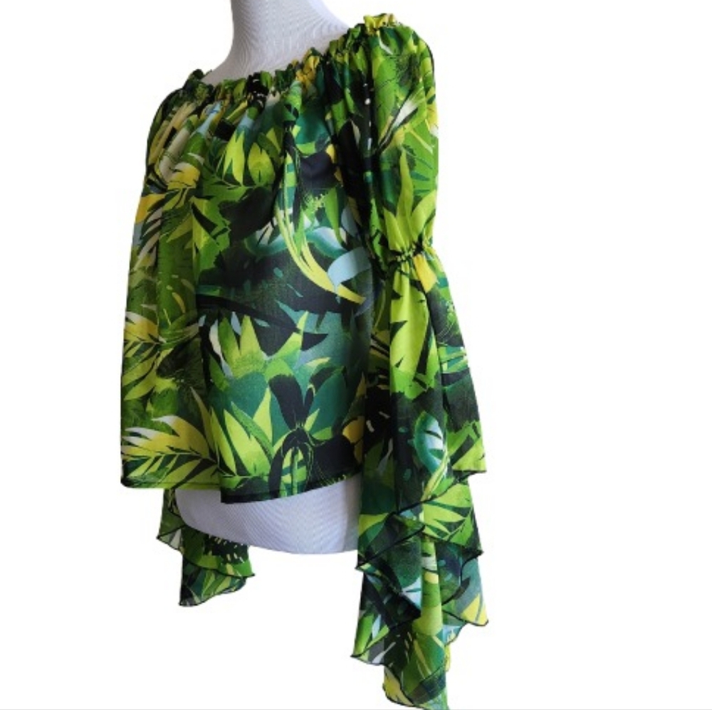 Live 4 Truth Boho Tropical Print Asymmetrical Ruffled Sleeve Top - Picture 7 of 15